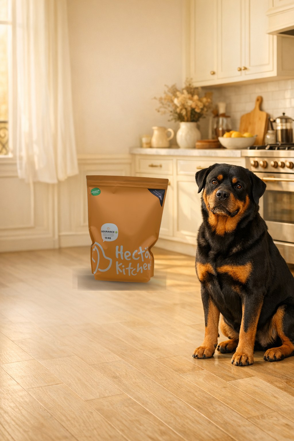 Rottweiler Hector Kitchen assis a cote de son sac dans une cuisine lumineuse