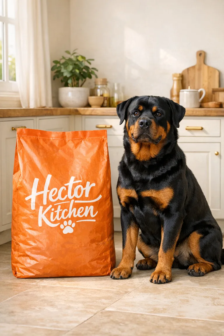 Rottweiler Hector Kitchen assis a cote de son sac dans une cuisine lumineuse
