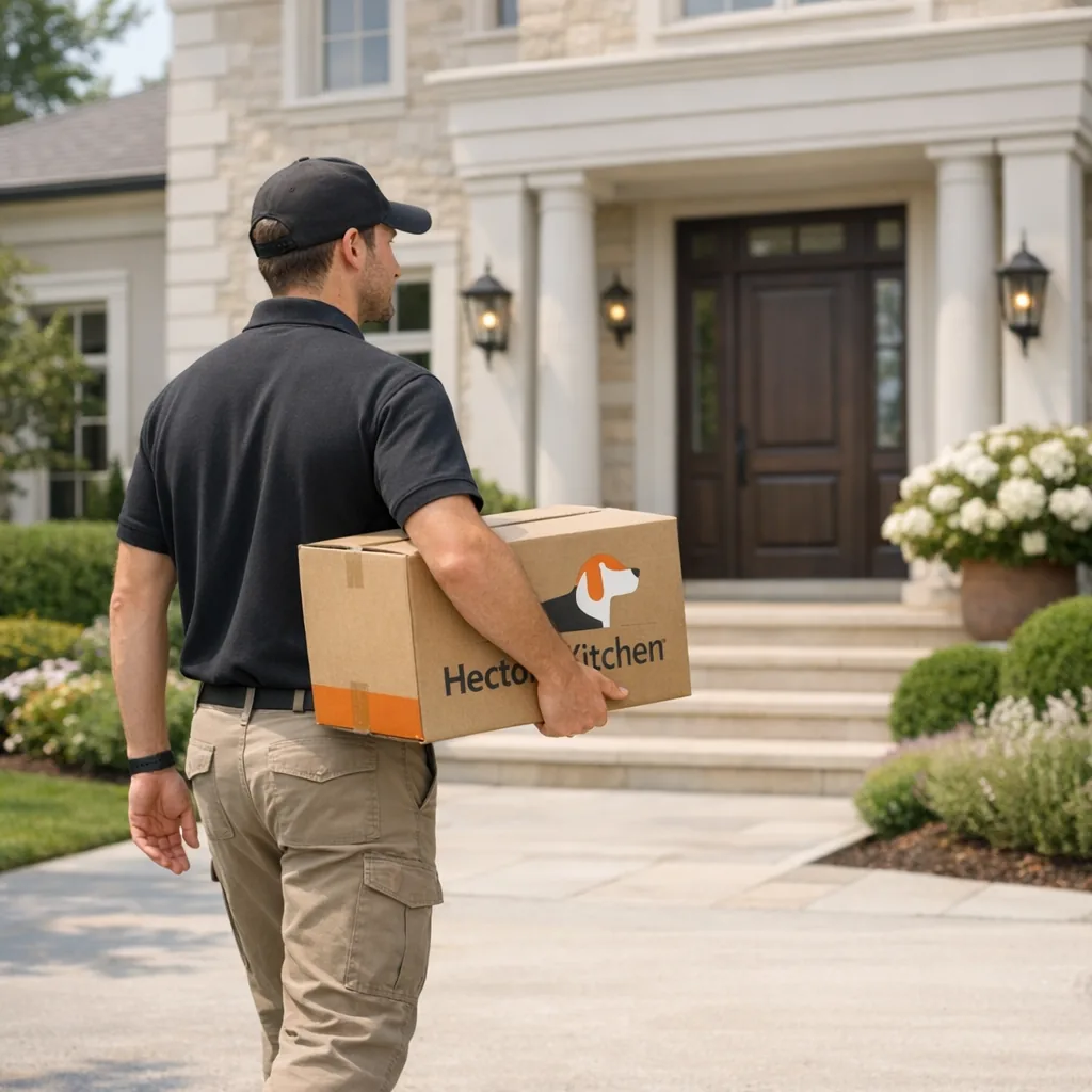 Livreur Hector Kitchen arrivant avec un colis devant une grande maison