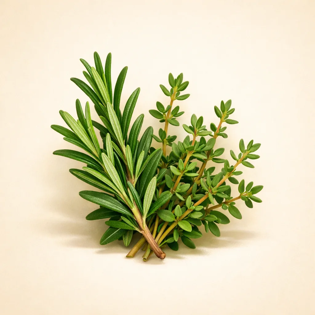 fresh green herbs including parsley and thyme sprigs, natural plant photography, clean white background, organic ingredients