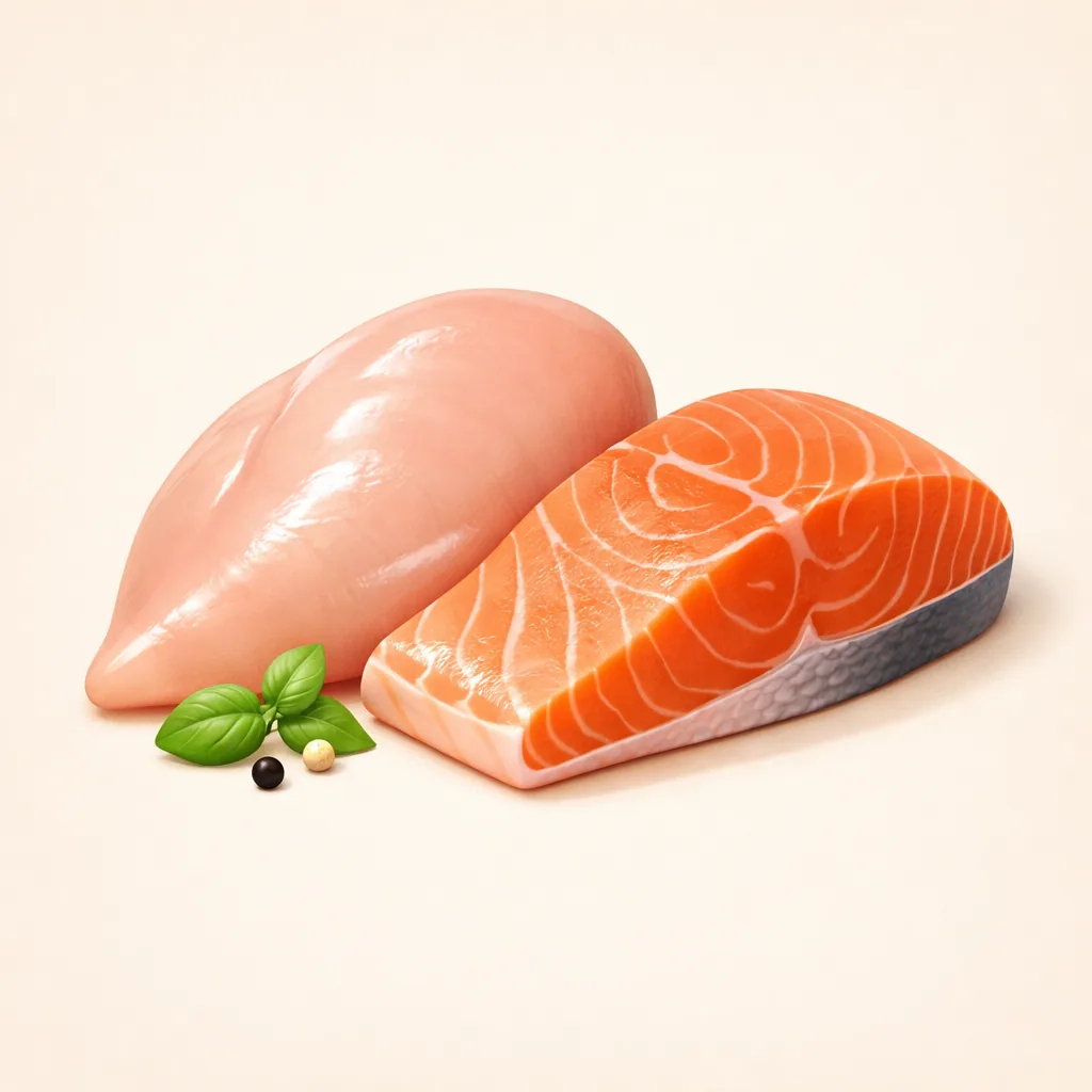 fresh raw chicken breast and salmon fillet side by side, natural food photography, clean white background, high quality protein ingredients