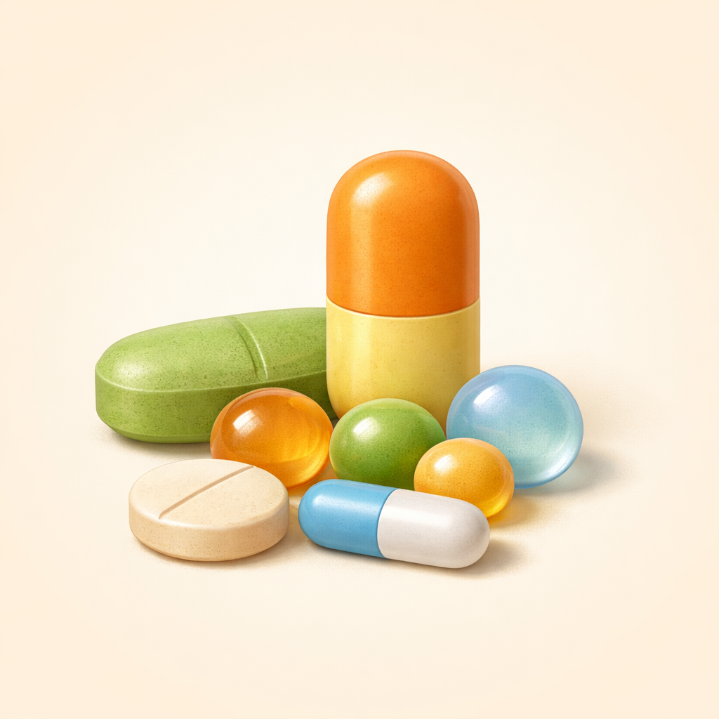colorful vitamin capsules and micronutrients illustration, vibrant colors including orange yellow purple green, flat minimal style, health supplement concept