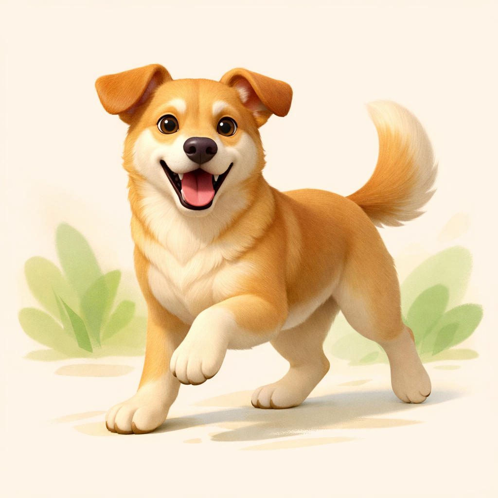 active energetic dog running outdoors, natural pet photography, soft lighting, happy expression, motion blur background