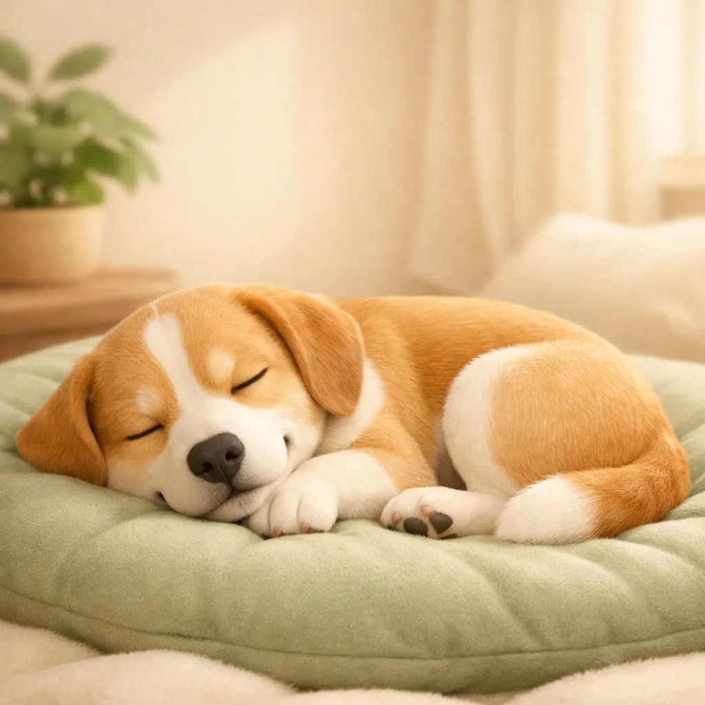 calm relaxed dog lying peacefully, gentle expression, natural pet photography, soft warm lighting, comfortable setting